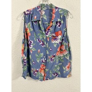 Vintage The Liberty House Blouse Womens Medium Blue Floral Hawaiian Aloha 70s